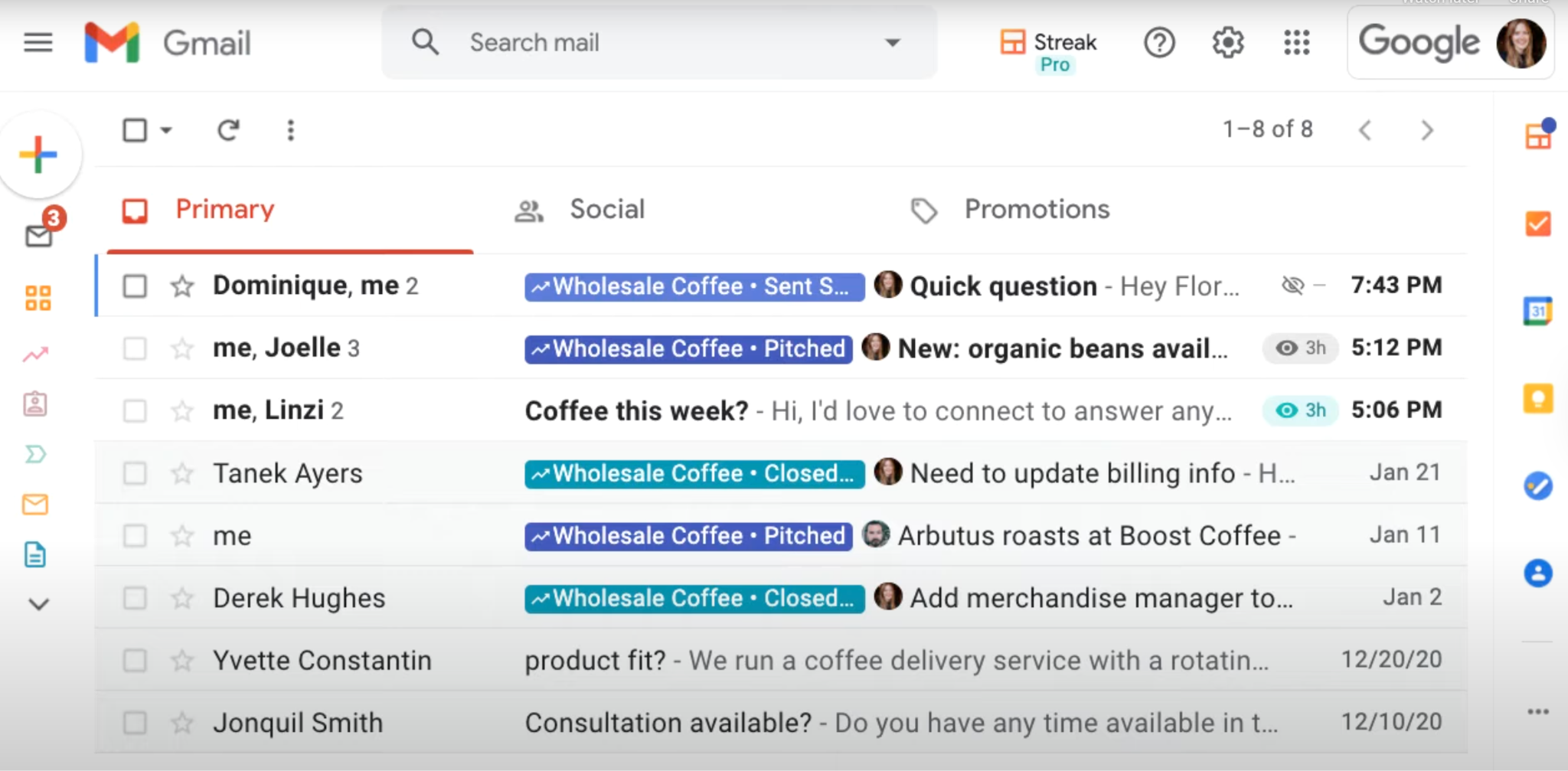 Streak tracking panel showing when an email was opened and engagement details.