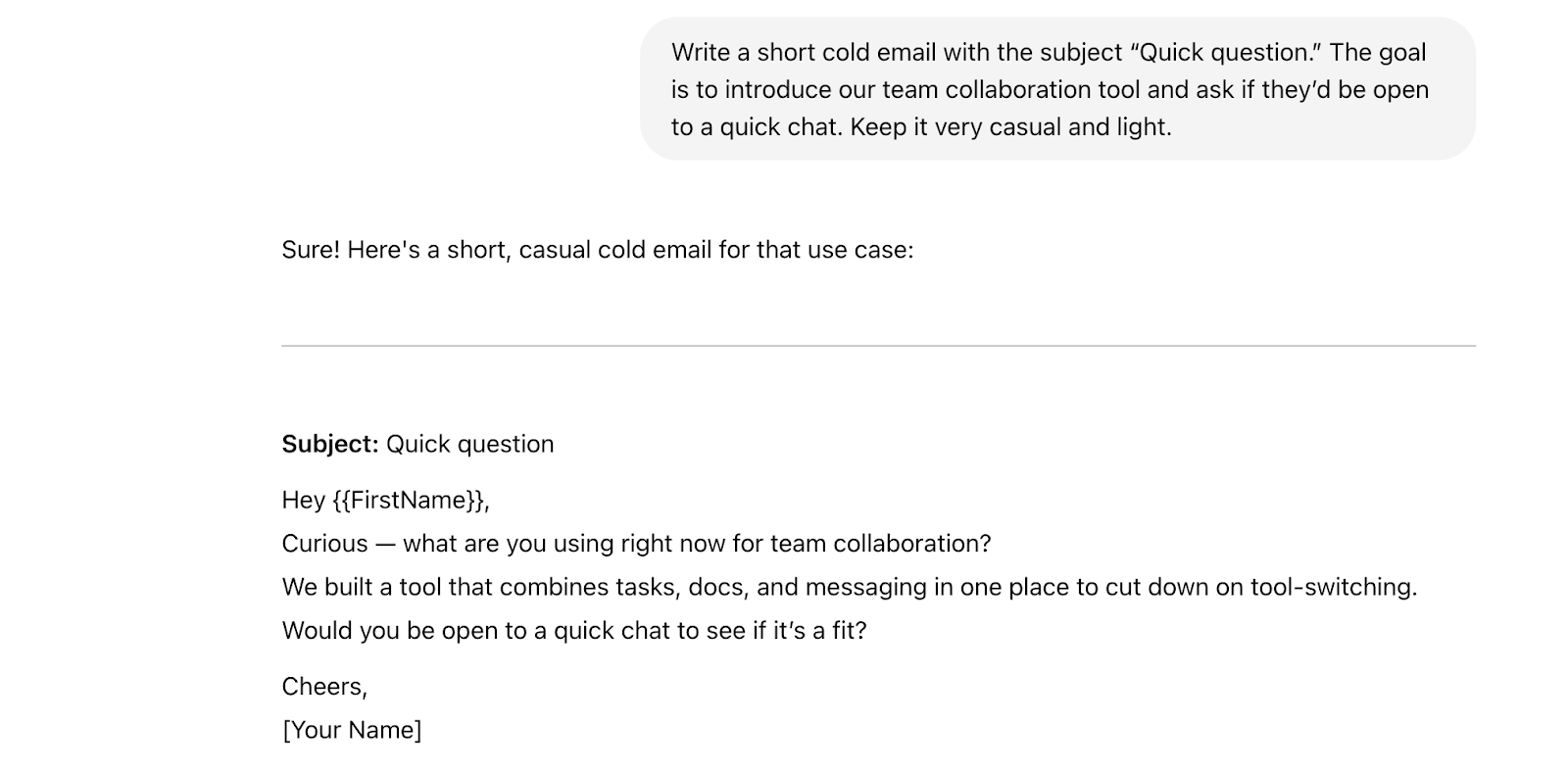 The “Quick Question” Cold Email chatgpt example