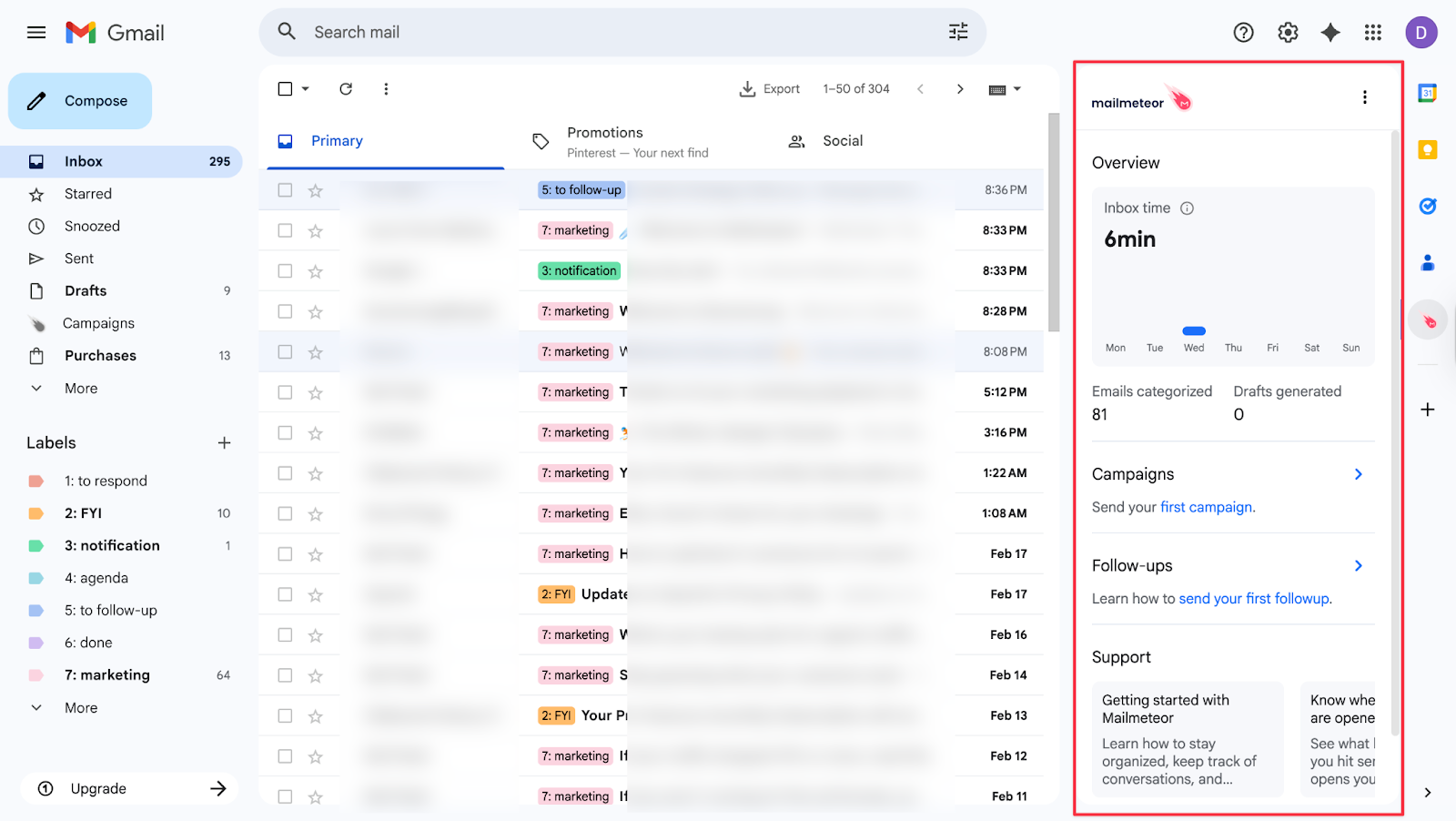 Mailmeteor interface inside Gmail used to send personalized email campaigns.