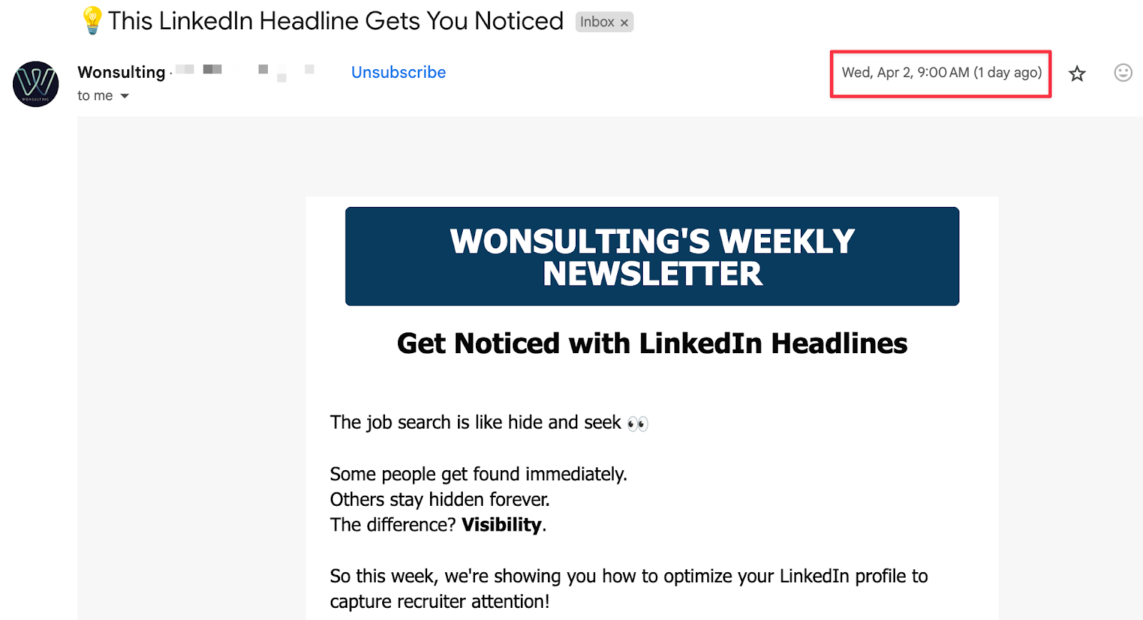 Wonsulting newsletter email example 