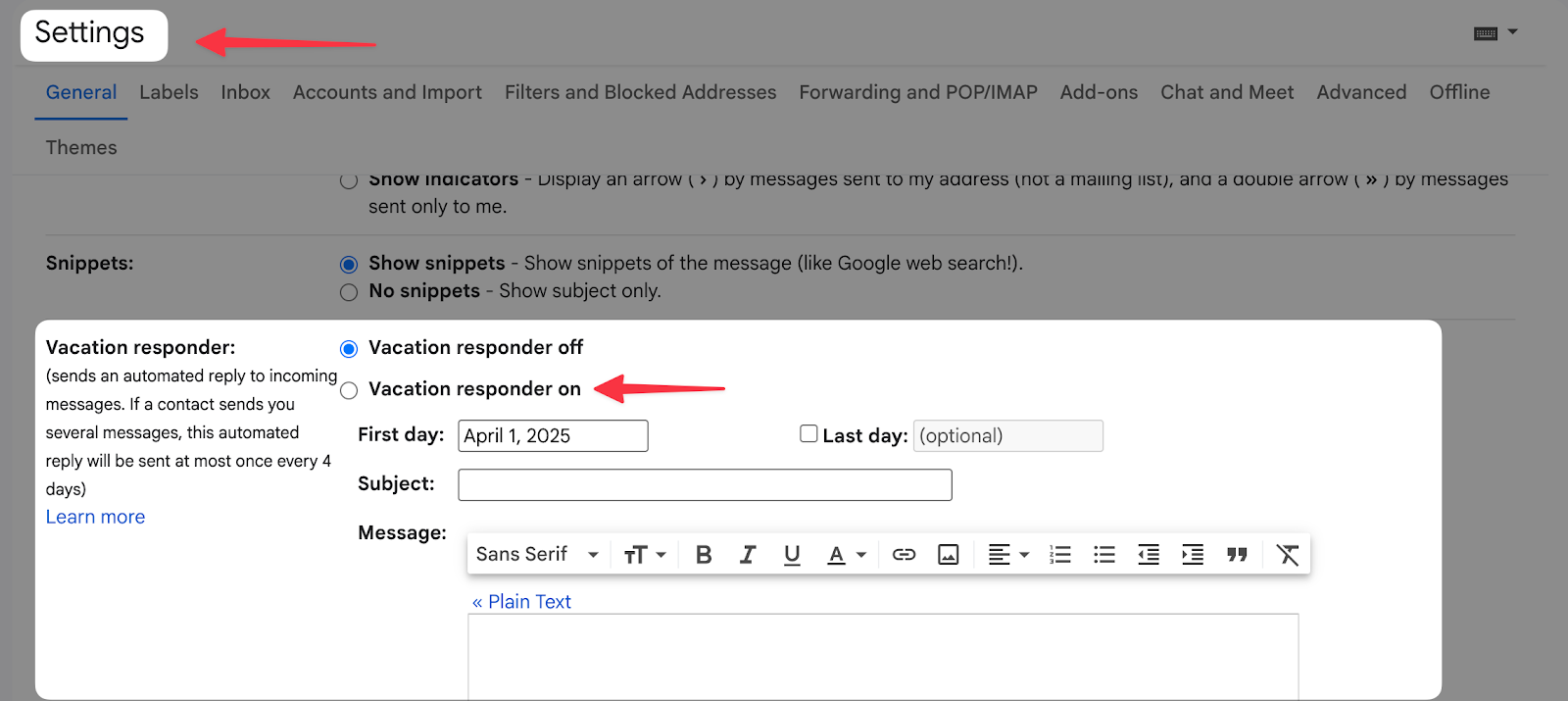 gmail settings vacation responder on