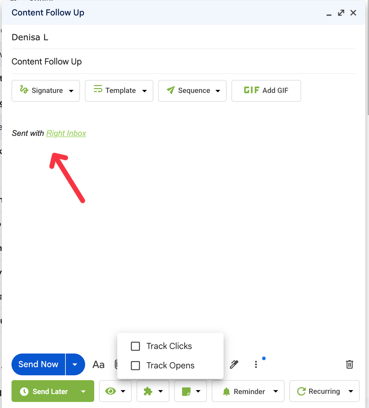  RightInbox tracking options inside Gmail showing open and click tracking settings.